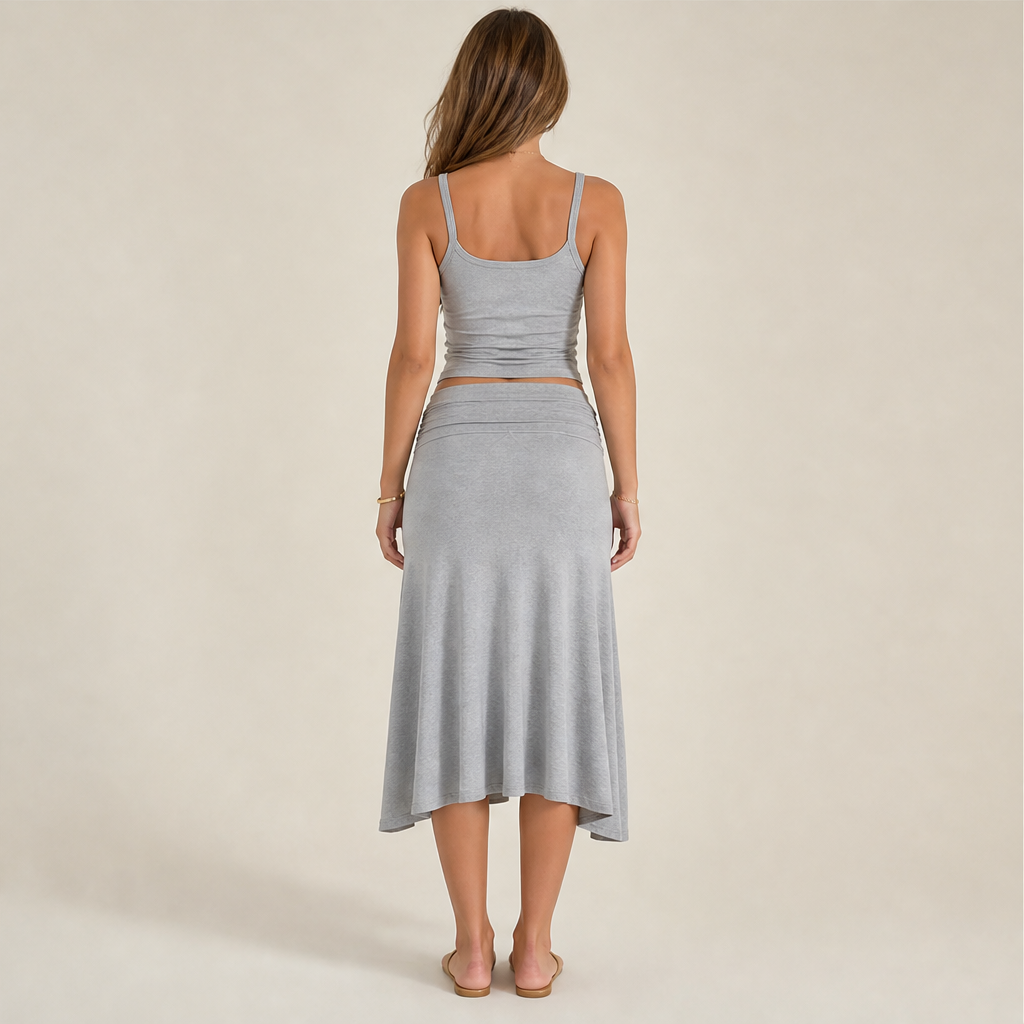 Grey Cami & Flared Midi Skirt Set | Two-Piece Matching Set - Ribbed Cami Top with Flowy Skirt lifestyle