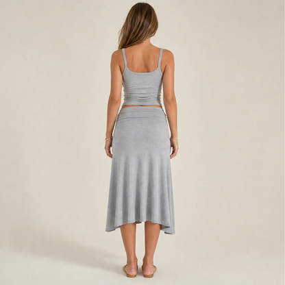 Grey Cami & Flared Midi Skirt Set | Two-Piece Matching Set - Ribbed Cami Top with Flowy Skirt lifestyle
