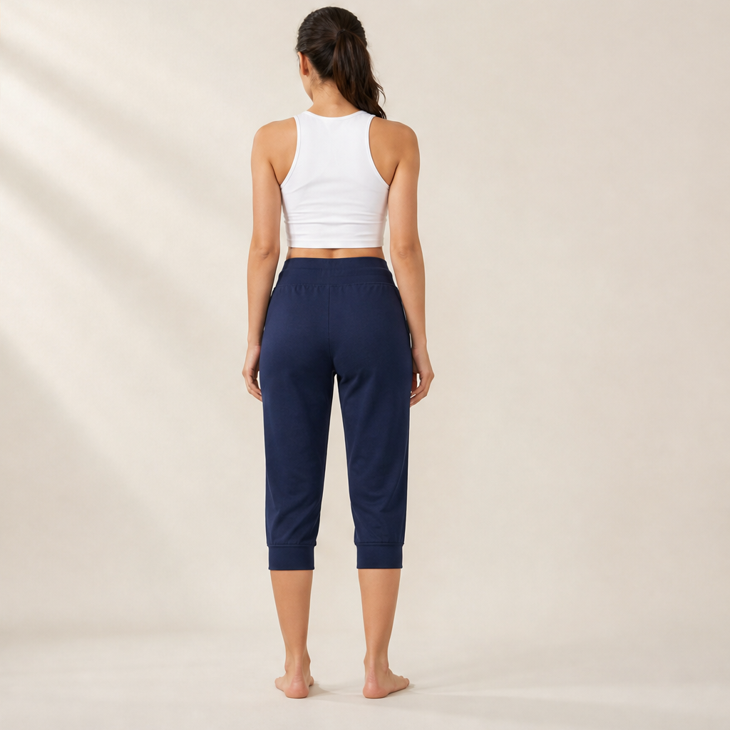 Navy Cropped Jogging Pants | Capri-Length Joggers with Pockets - Elastic Cuffs & Drawstring Waist lifestyle