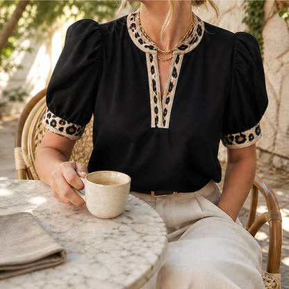 Marisol Women's Puff Sleeve Leopard Contrast Split Neckline Blouse Top features