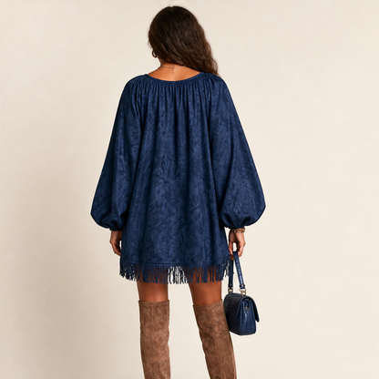 Marisol Women's Lace-Up Balloon Sleeve Tassel Hem Boho Mini Dress lifestyle