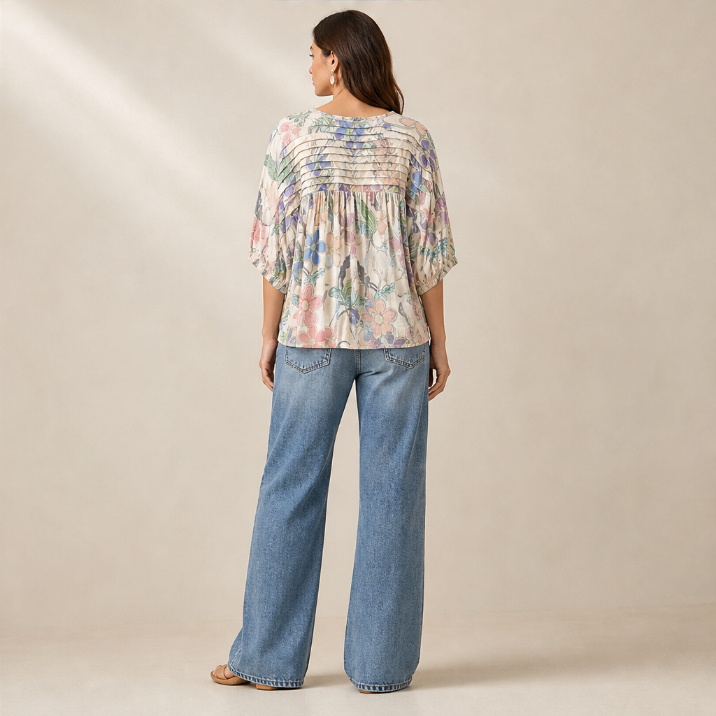 Ivory Floral Print Blouse | Pleated Applique Puff Sleeve Top - Loose Fit Cotton Blend lifestyle