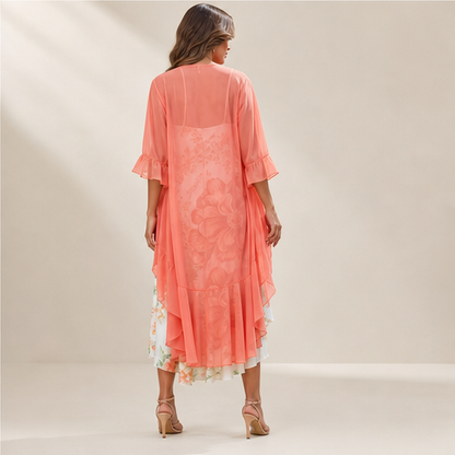 Coral Floral Swing Dress | Two-Piece Maxi Dress with Chiffon Cover-Up - Lace Detail lifestyle