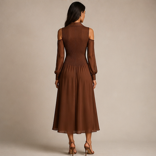 Brown Cold Shoulder Midi Dress | Chiffon Sleeve Shirt Dress - Ruched Waist Button Front lifestyle