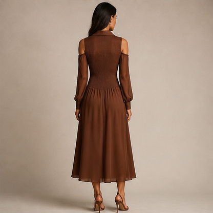 Brown Cold Shoulder Midi Dress | Chiffon Sleeve Shirt Dress - Ruched Waist Button Front lifestyle