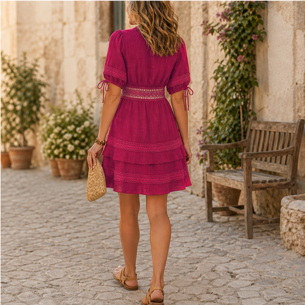 Marisol Women's V-Neck Lace Trim Puff Sleeve Tiered Ruffle Linen-Look Dress lifestyle
