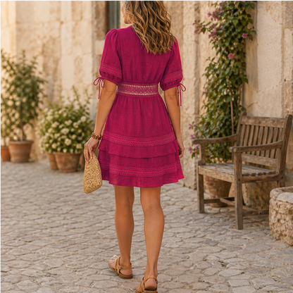 Marisol Women's V-Neck Lace Trim Puff Sleeve Tiered Ruffle Linen-Look Dress lifestyle