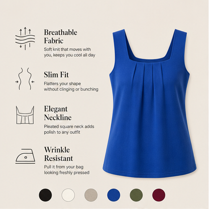 Black Square Neck Tank Top | Sleeveless Pleated Blouse - Breathable Summer Top for Women features
