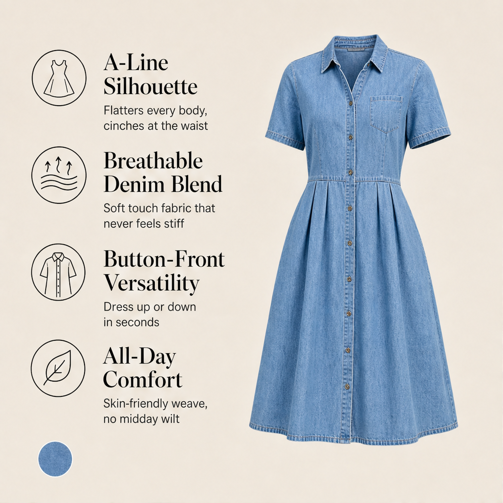 Blue Denim Shirt Dress | Button-Front A-Line Midi - Short Sleeve with Pockets features