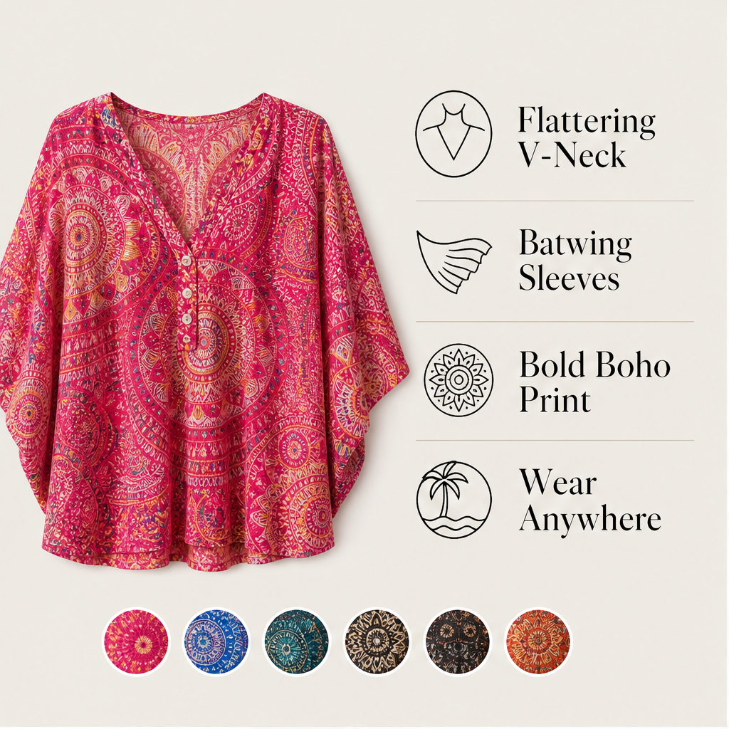 Fuchsia Floral Print Dolman Top | V-Neck Boho Blouse for Women - Batwing Sleeve features