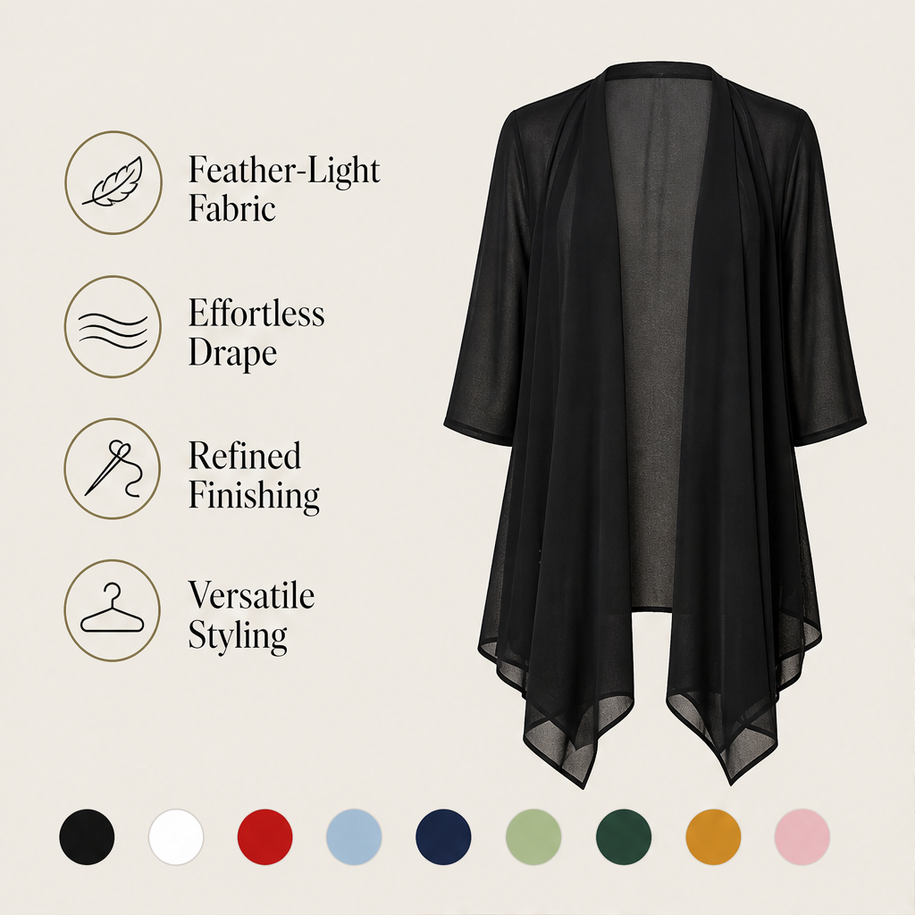 Black Chiffon Cardigan | Lightweight Open Front Cover-Up - Waterfall Drape for Women features
