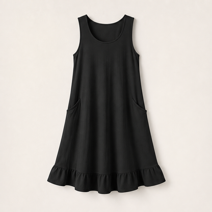 Marielle Women's Sleeveless Ruffle Hem Midi Dress with Dual Front Pockets - Casual Cotton Blend Summer Dress Black