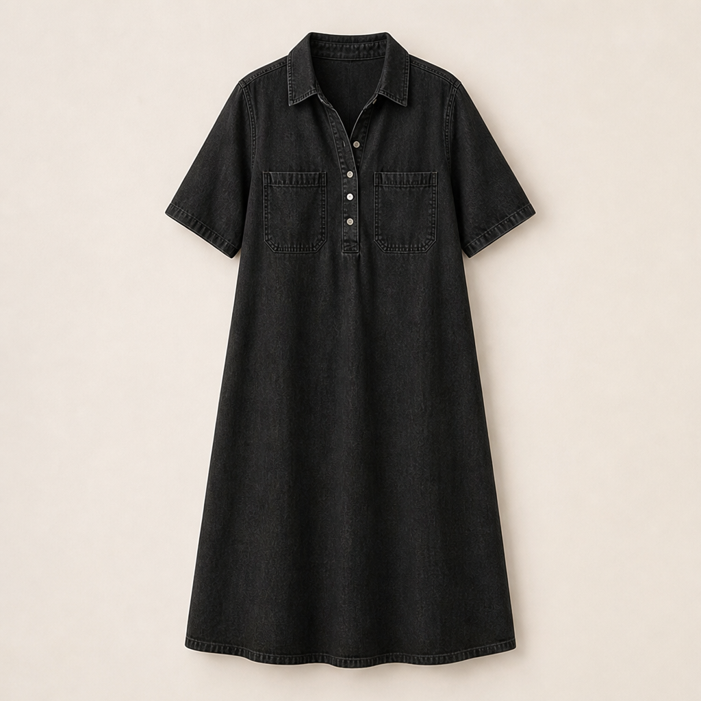 Denim Midi Shirt Dress | Casual Short Sleeve Dress with Pockets - Relaxed Fit Black