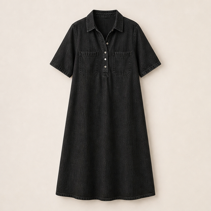 Denim Midi Shirt Dress | Casual Short Sleeve Dress with Pockets - Relaxed Fit Black