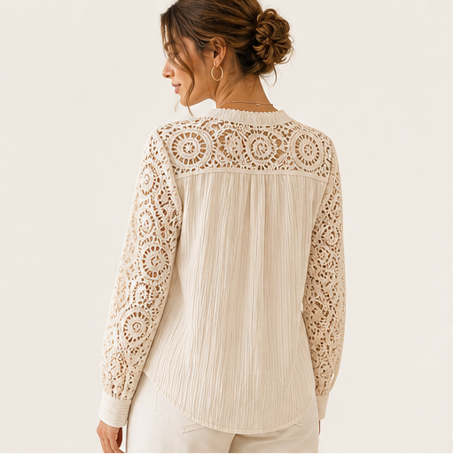 Cream Lace V-Neck Top | Crochet Sleeve Blouse for Women - Long Sleeve Pintuck Top detail