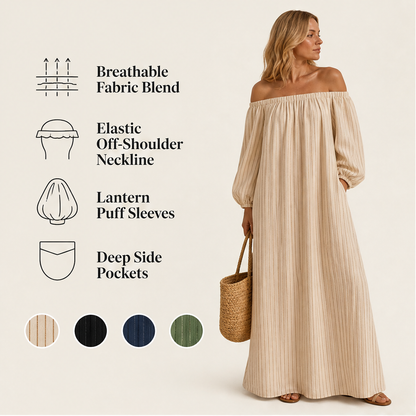 Beige Stripe Off Shoulder Maxi Dress | Lantern Sleeve Boho Dress - Relaxed Fit with Side Pockets features