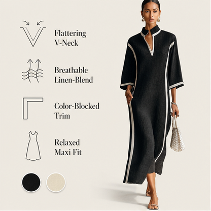 Black Colour Block Maxi Dress | V Neck Stand Collar Linen-Blend - Three Quarter Sleeve features