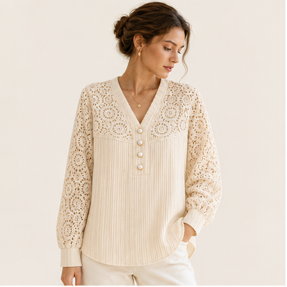 Ivory Lace Patchwork Top | Crochet V-Neck Long Sleeve Blouse - Pearl Button Detail detail