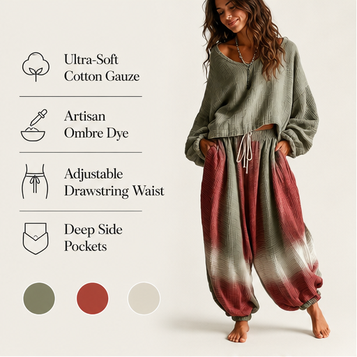 Olive Ombre Two Piece Matching Set | Bohemian Cotton Gauze Top & Harem Trousers - Loose Casual Style features