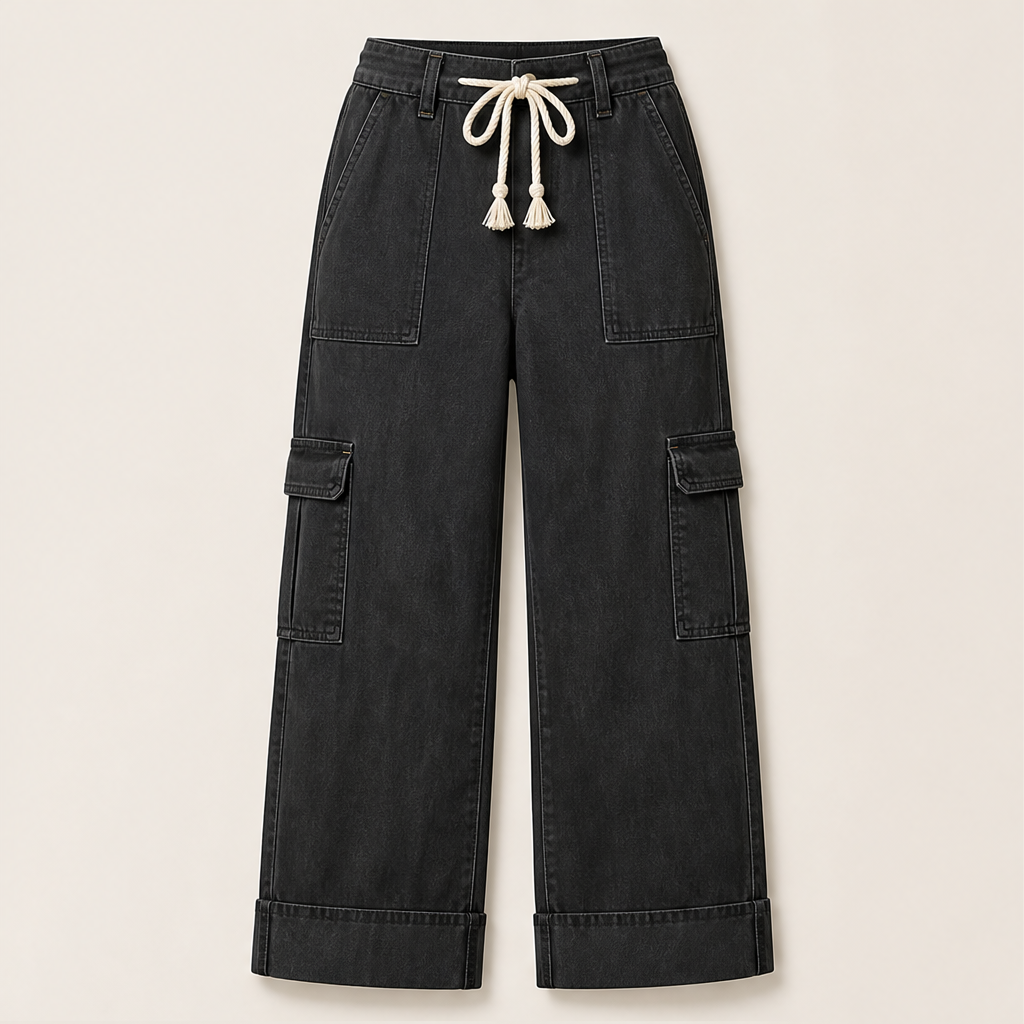 Wide Leg Cargo Trousers | Casual Denim-Style Pants for Women - Rope Tie Waist with Cargo Pockets Black