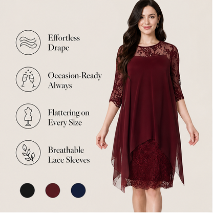 Black Lace Asymmetrical Hem Dress | Elegant Occasion Wear for Women - 3/4 Sleeve Chiffon Overlay features