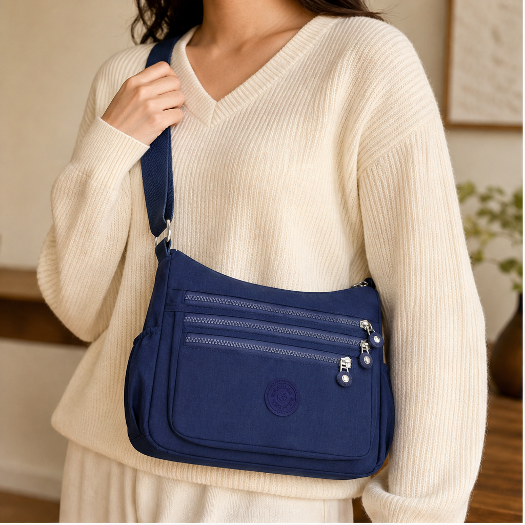 Navy Nylon Crossbody Bag | Lightweight Multi-Pocket Shoulder Bag for Women - Water-Resistant features