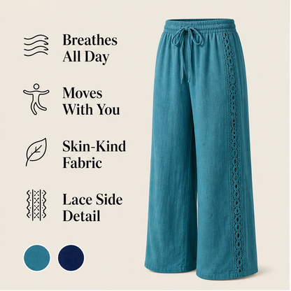 Teal Lace Trim Trousers | Bohemian Wide Leg Linen Style - Elastic Waist Holiday Pants features