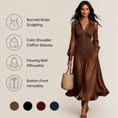 Brown Cold Shoulder Midi Dress | Chiffon Sleeve Shirt Dress - Ruched Waist Button Front features