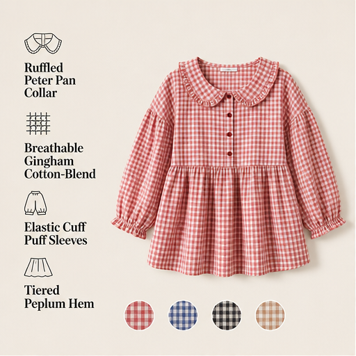Red Gingham Top | Ruffled Peter Pan Collar Blouse - Puff Sleeve Casual Shirt for Women features