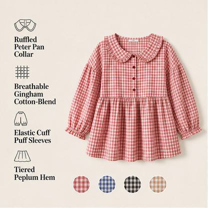 Red Gingham Top | Ruffled Peter Pan Collar Blouse - Puff Sleeve Casual Shirt for Women features