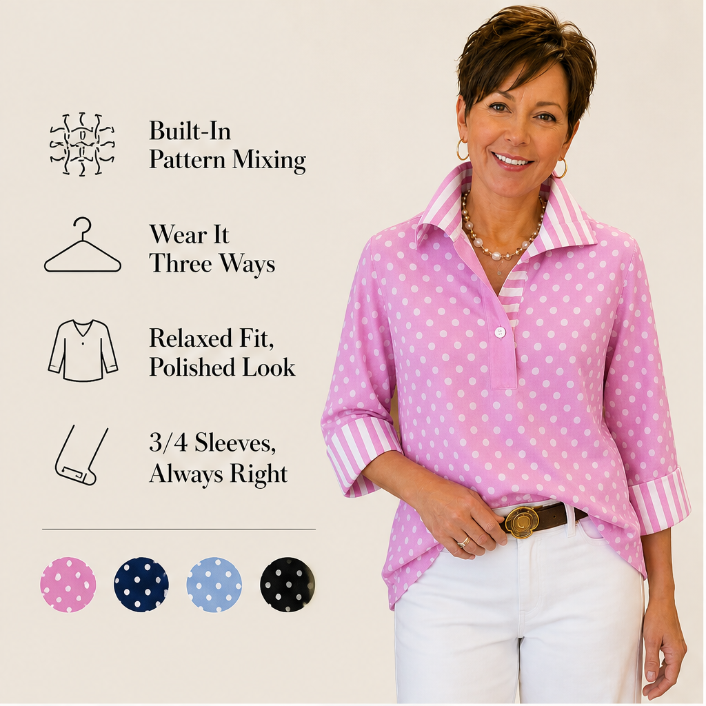 Pink Polka Dot Blouse | Contrast Stripe Popover Top for Women - 3/4 Sleeve Cotton Shirt features