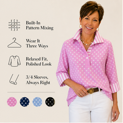 Pink Polka Dot Blouse | Contrast Stripe Popover Top for Women - 3/4 Sleeve Cotton Shirt features