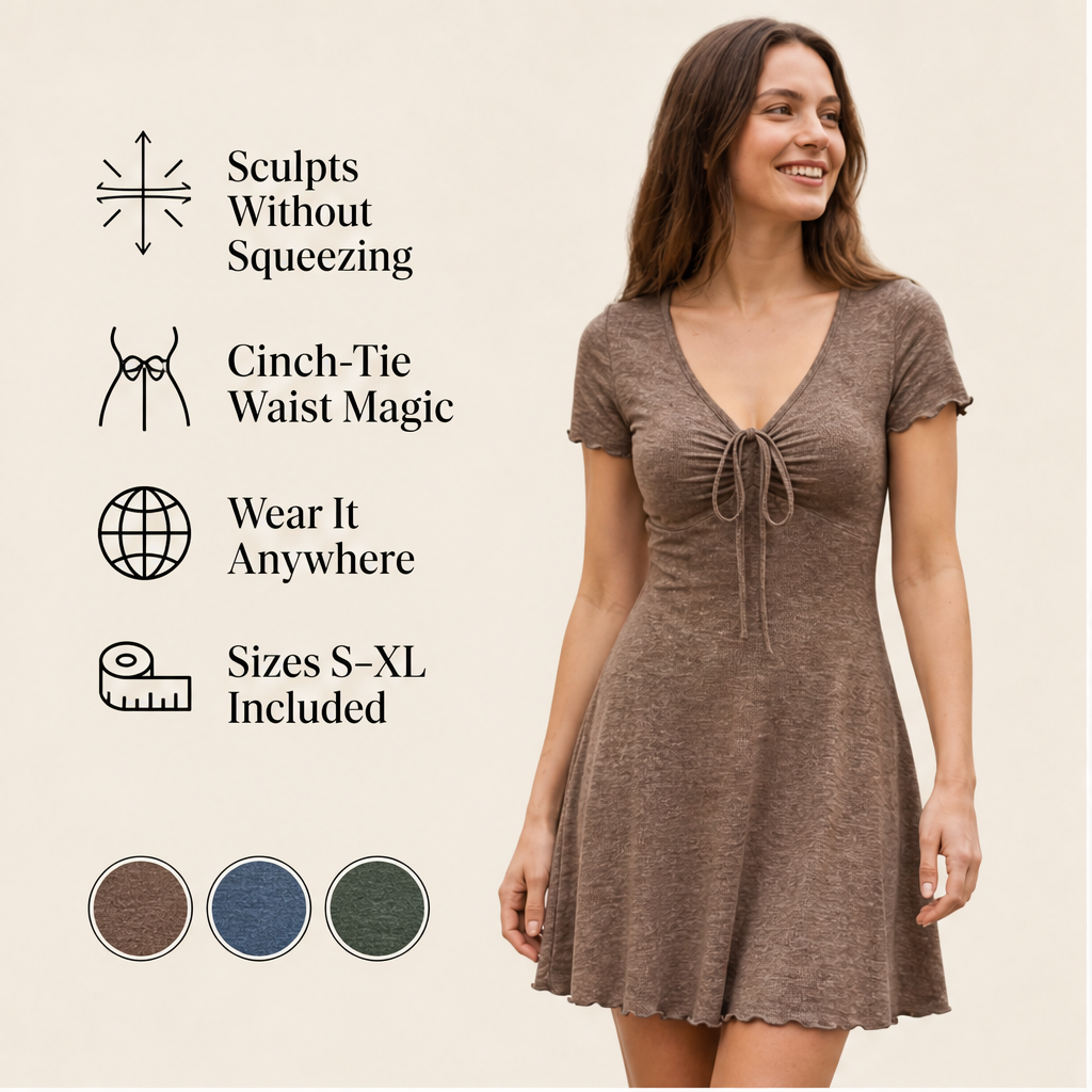 Taupe V-Neck Mini Dress | Cinch-Tie Front Fit-and-Flare - Short Sleeve Bodycon Style features