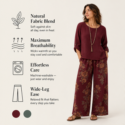 Marisol Women's Boho Two-Piece Cotton Linen Top & Wide-Leg Trouser Set - Floral Print Roll-Sleeve Blouse & Palazzo Trousers features