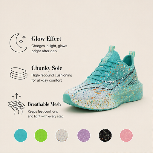 Black Glow-in-the-Dark Splatter Sneakers | Luminous Casual Trainers - Breathable Mesh features