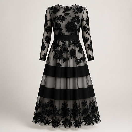 Black Lace Midi Dress | Elegant A-Line Wedding Guest Dress - Sheer Mesh Occasion Wear Black