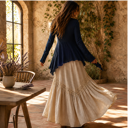 Navy Two Piece Maxi Skirt Set | Boho Asymmetric Top & Tiered Skirt - Long Sleeve Outfit features
