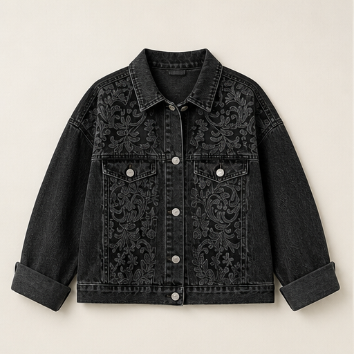Light Wash Floral Lace Denim Jacket | Loose Fit Patchwork Trucker - Women's Cotton Blend Outerwear Black