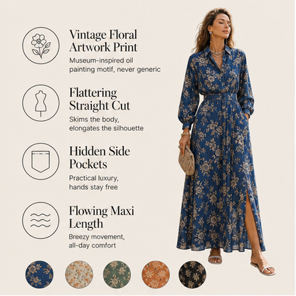 Blue Floral Maxi Dress | Vintage Oil Painting Print Shirt Dress - Long Sleeve Straight Cut with Side Pockets features