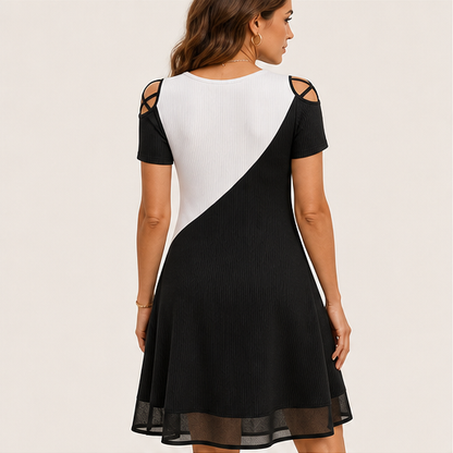 Black & White Colour-Block Midi Dress | Crew Neck Cold Shoulder - Ribbed Knit with Mesh Hem detail