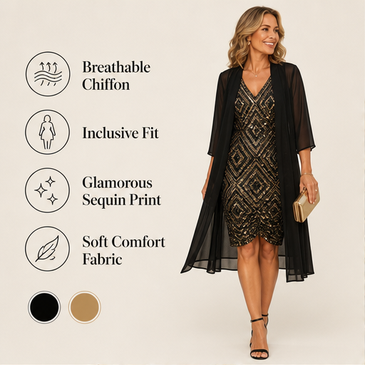 Black Sequin V-Neck Dress & Jacket Set | Two-Piece Evening Outfit with Sheer Chiffon Duster features