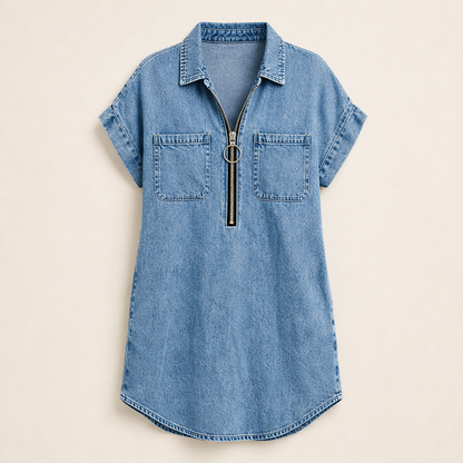 Denim Blue Zip Front Shirt Dress | Adjustable Half-Zip Collared Dress - Short Sleeve with Pockets Denim Blue