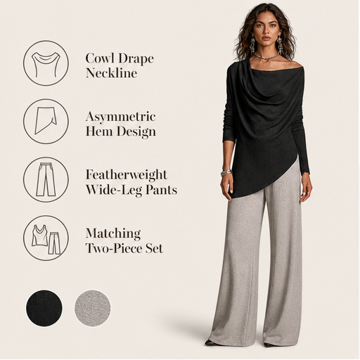 Black Cowl Neck Two Piece Set | Off Shoulder Top & Wide Leg Trousers - Women's Matching Outfit features