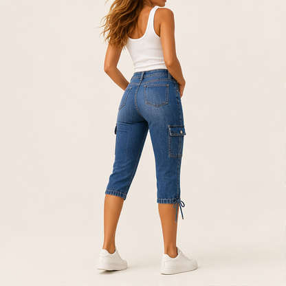 Dark Blue Capri Cargo Jeans | Women's Cropped Denim Trousers - Adjustable Hem, Straight Leg detail