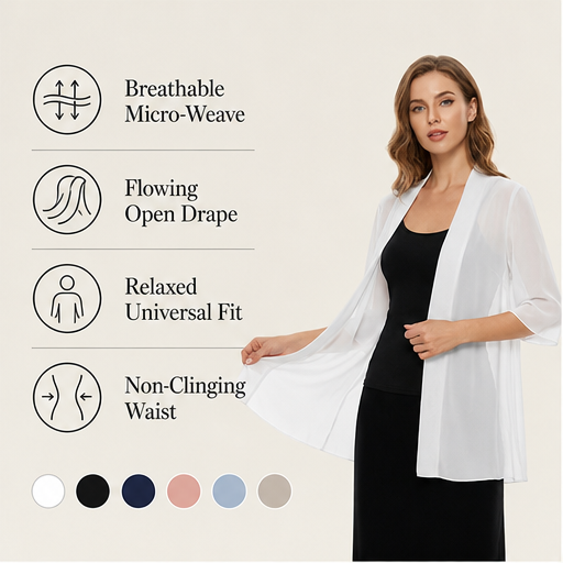 Black Chiffon Cover-Up | Lightweight Open-Front Cardigan - 3/4 Sleeve Layering Jacket features
