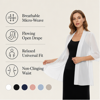 Black Chiffon Cover-Up | Lightweight Open-Front Cardigan - 3/4 Sleeve Layering Jacket features