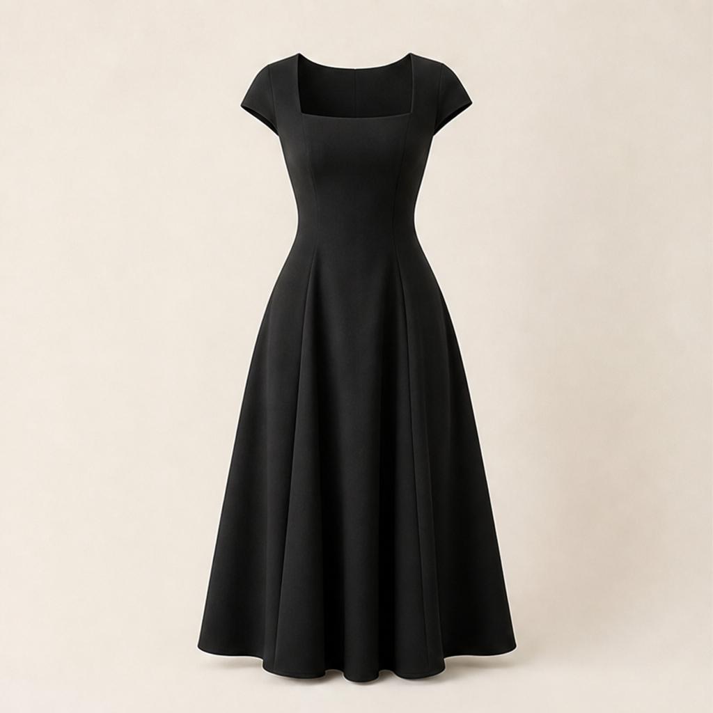 Black Square Neck A-Line Dress | Elegant Cap Sleeve Midi - Slim Fit Long Dress Black