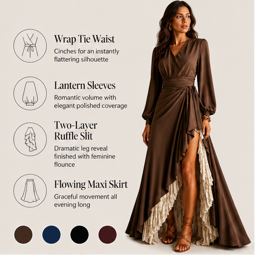 Brown Wrap V-Neck Maxi Dress | Lantern Sleeve Formal Gown - Ruffle Slit Two-Layer Skirt features