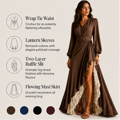 Brown Wrap V-Neck Maxi Dress | Lantern Sleeve Formal Gown - Ruffle Slit Two-Layer Skirt features