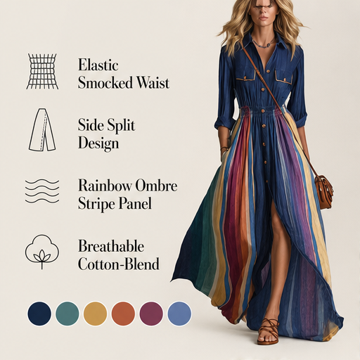 Navy Collar Rainbow Stripe Maxi Dress | Boho Shirt Dress with Elastic Waist - Long Length Split Skirt features